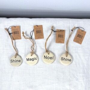 Creative Co-op Ivory Stoneware Tag Ornaments Set of 4 Shine Magic Noel